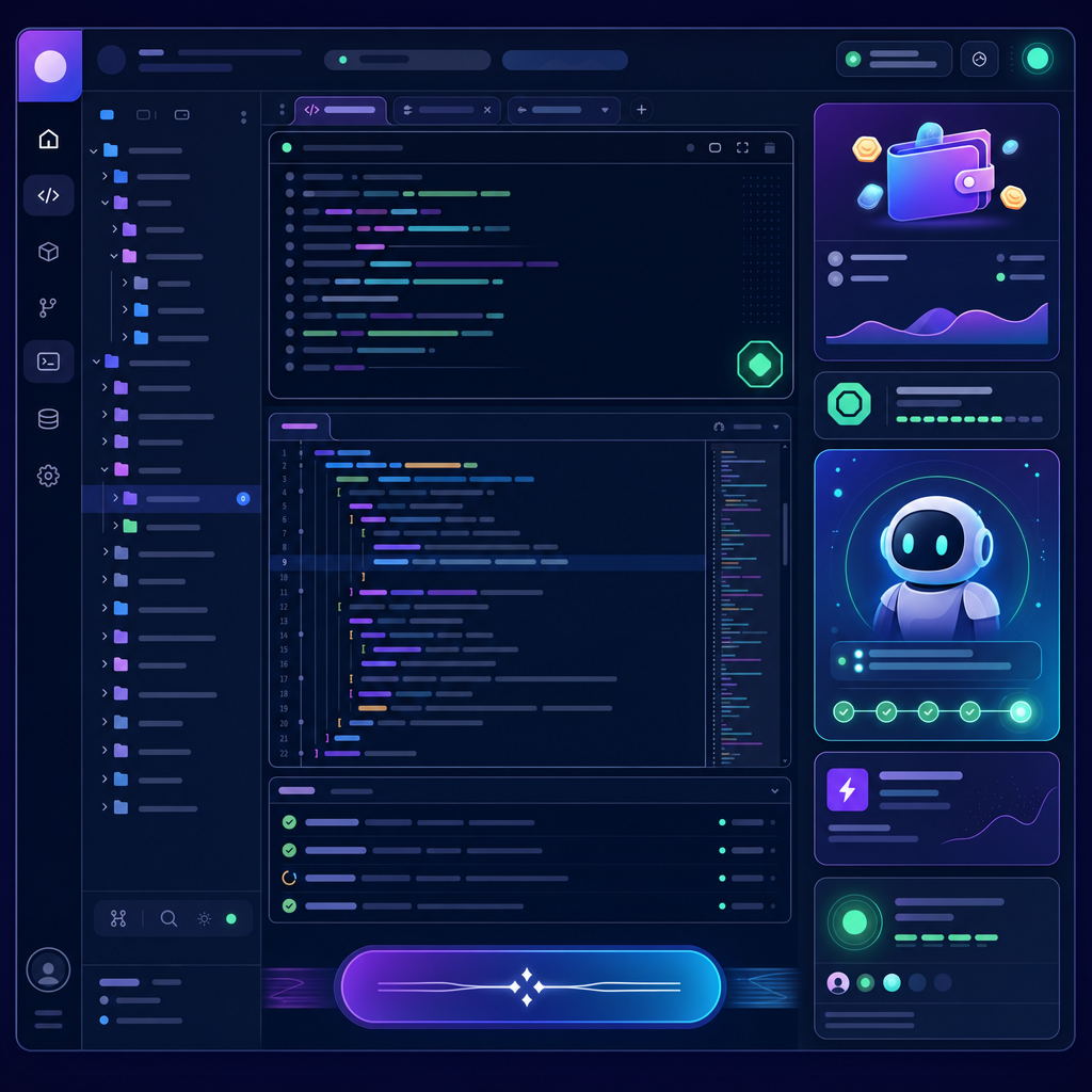 Stylized screenshot of the ChatPlus Codex coding workspace with editor, terminal, wallet, and token panels.