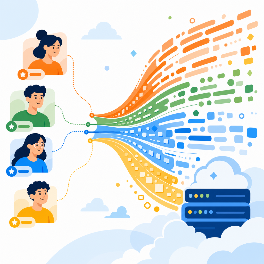 Stylized illustration of developer credit streams turning into code and cloud capacity.