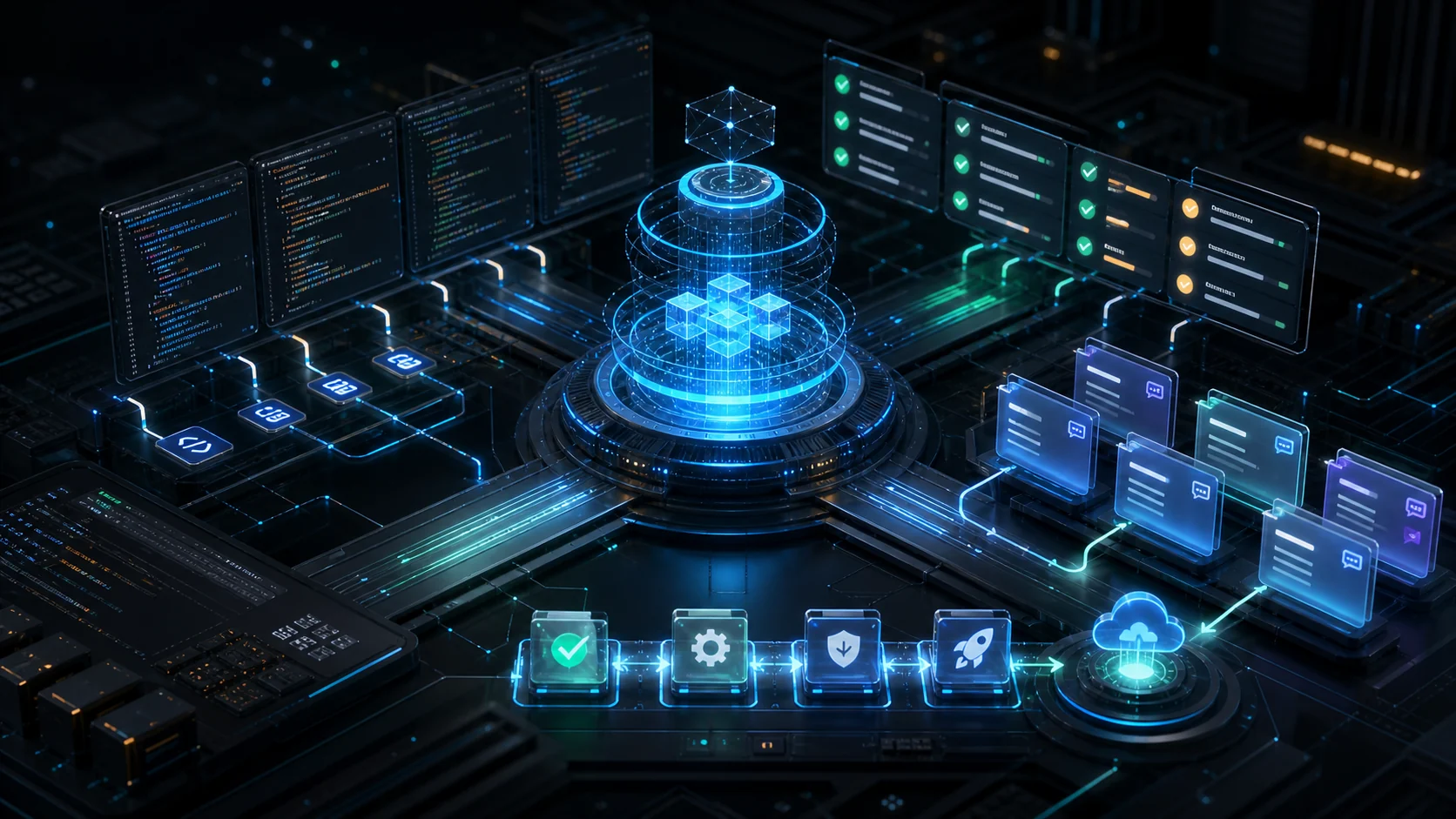 Abstract Codex workflow with code, tests, and deployment lanes
